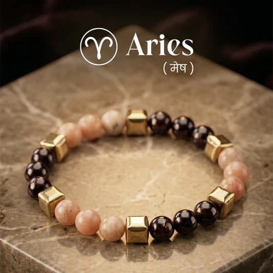 Red Garnet &  Sunstone Zodiac Band – Aries (मेष राशि)