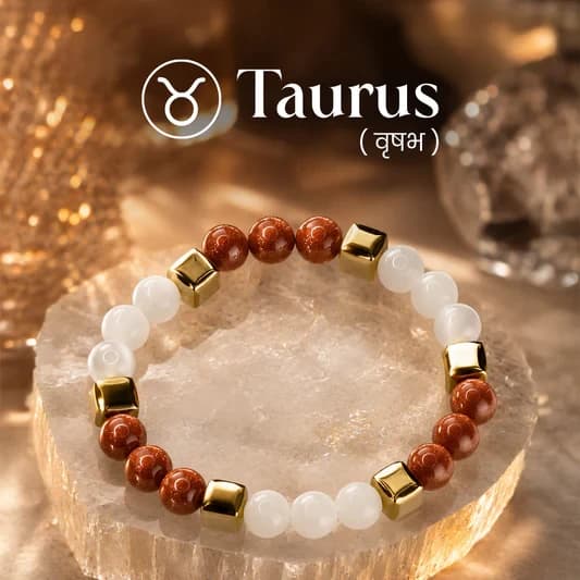 Moonstone & Goldstone Zodiac Band – Taurus (वृषभ राशि)